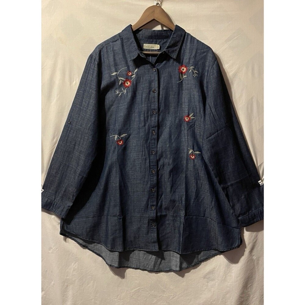 NWT A LA TZARINA Dark Blue Chambray Embroidered Red Flowers Tunic 3XL